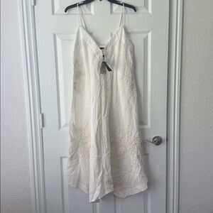 Massimo Dutti White Embroidered Slip Midi Dress